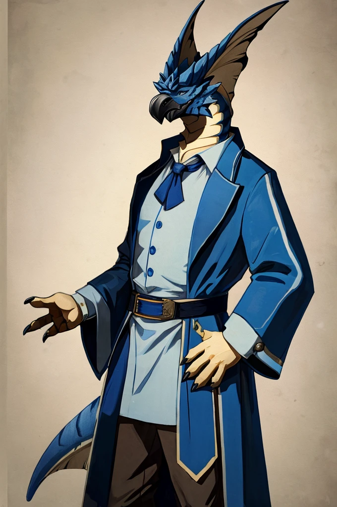 A Legiana as a German official posing for a portrait, white-blue uniform, clawed fingers, 4 fingers, 1900s photograph, long coat, open coat, blue outlining, padded fingers, golden-blue belt, tail,