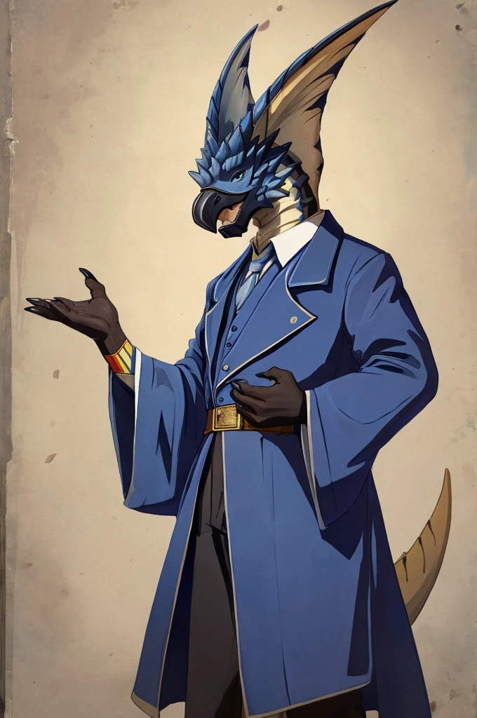 A Legiana as a German official posing for a portrait, white-blue uniform, clawed fingers, 4 fingers, 1900s photograph, long coat, open coat, blue outlining, padded fingers, golden-blue belt, tail,
