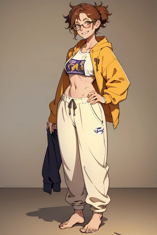 A cute happy barefoot woman with messy hair and glasses, facial freckles, toenail polish, , standing, wearing an oversized hodie and sweatpants