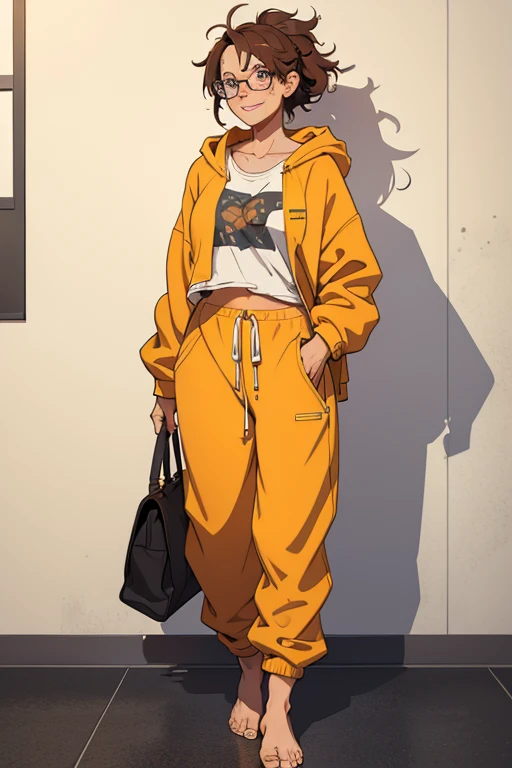 A cute happy barefoot woman with messy hair and glasses, facial freckles, toenail polish, , standing, wearing an oversized hodie and sweatpants