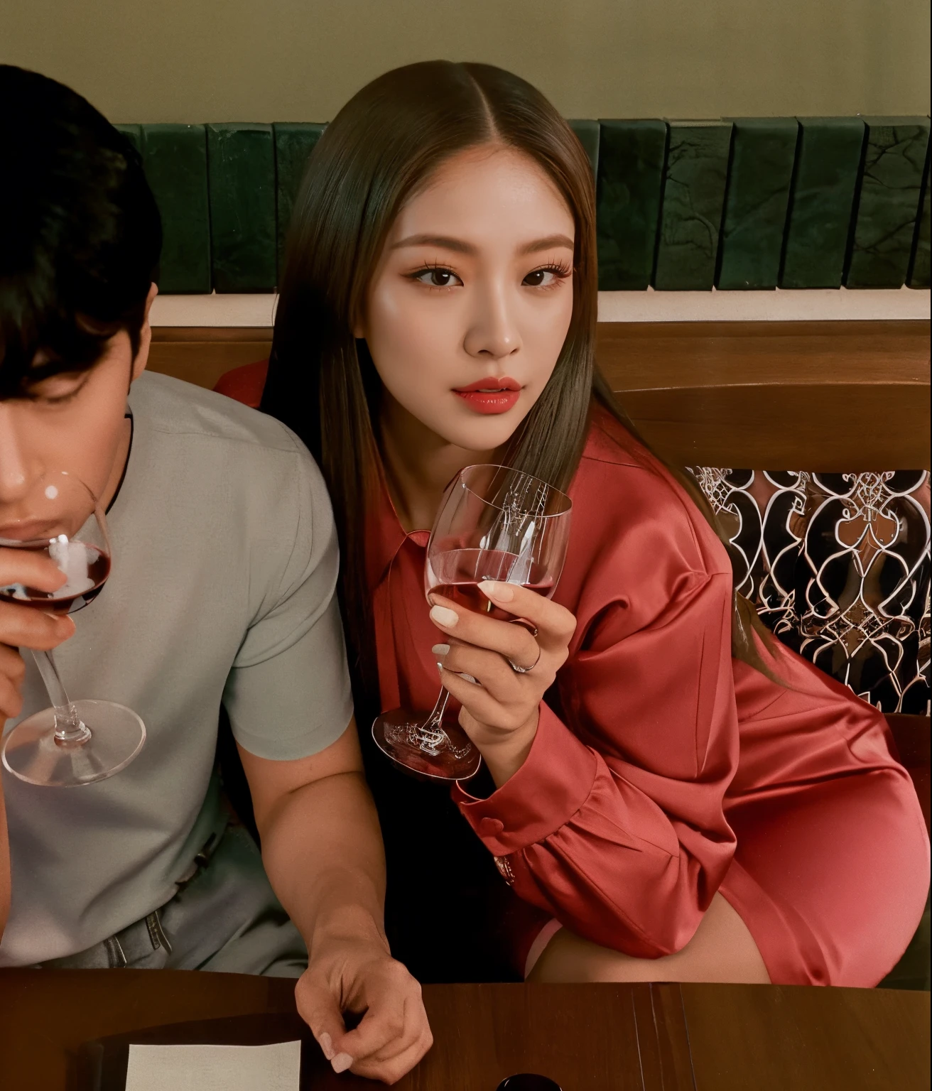 there are two people sitting at the table drinking wine together, she holds a glass of wine, com uma bebida, taken in early 2023, ela tem cerca de 24 a 26 anos de idade, Estilo Jennie Kim Blackpink, beber champanhe, Rosto de Jennie Kim do Blackpink