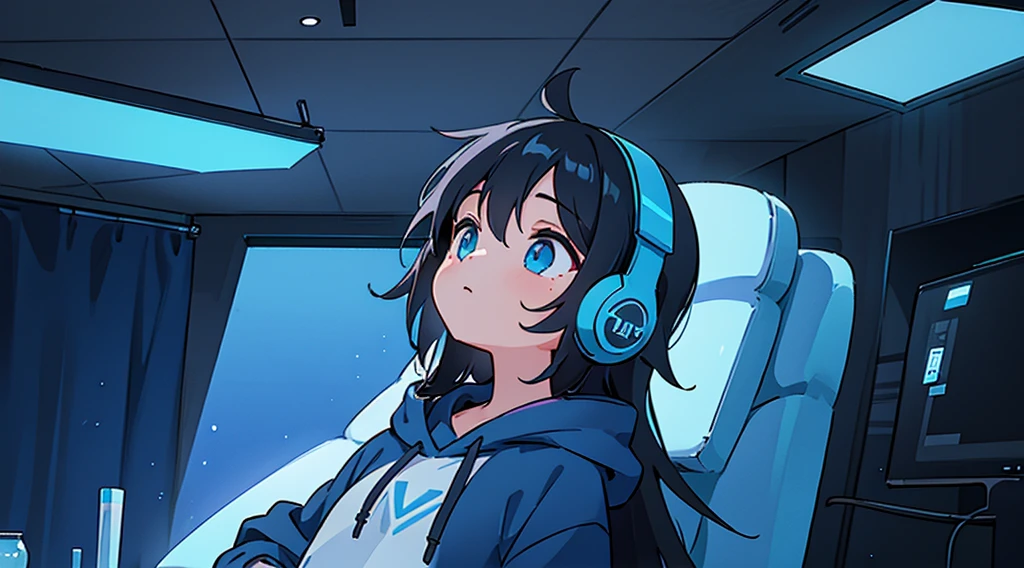 (1girl, black hair, long hair, headphones, hoodie, leaning back in the chair and looking up at the ceiling), (dark room, blue monitor light, blue neon)
