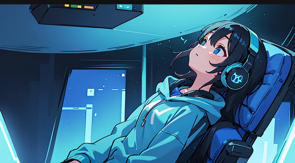(1girl, black hair, long hair, headphones, hoodie, leaning back in the chair and looking up at the ceiling), (dark room, blue monitor light, blue neon)