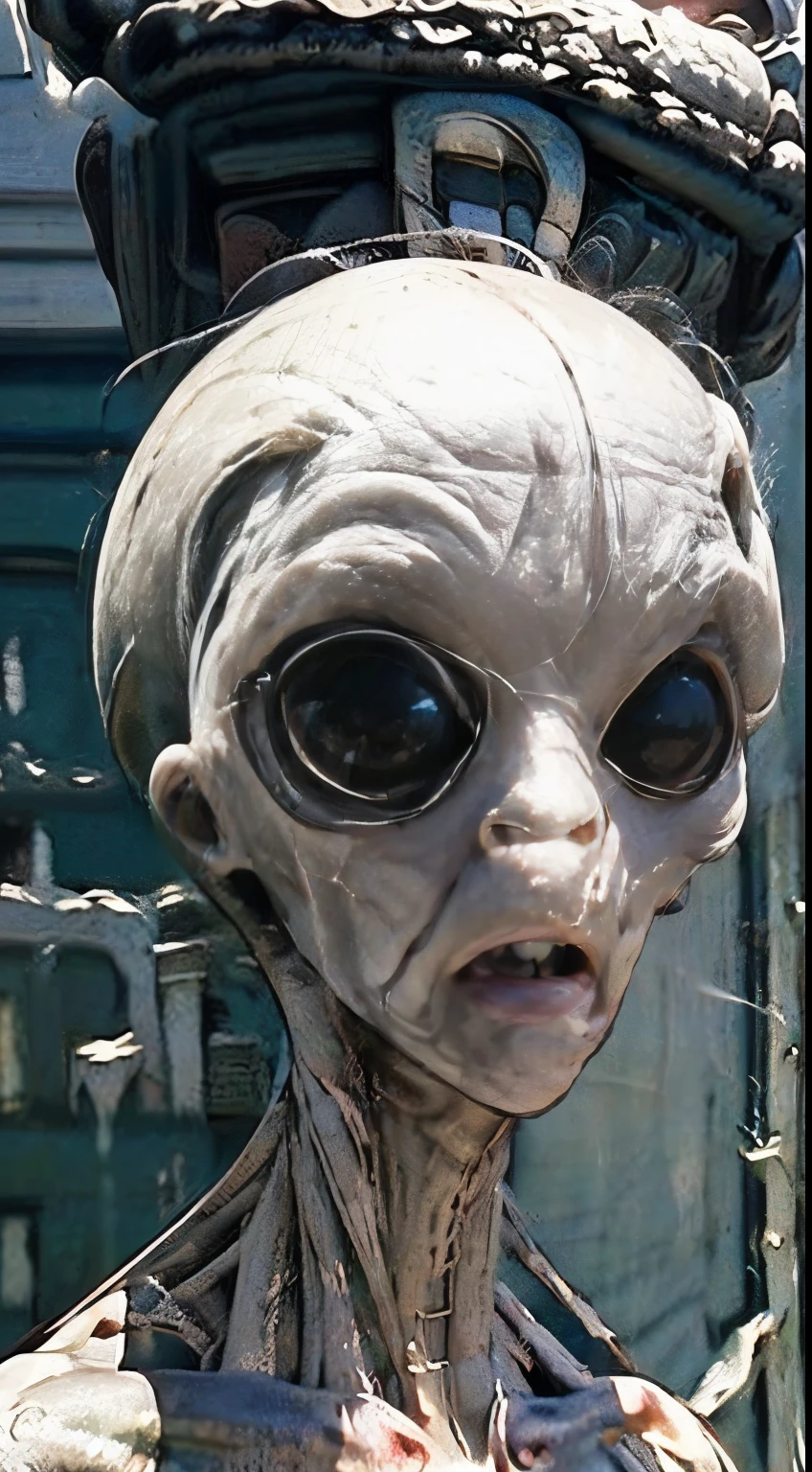 Photo realista melhor qualidade possibel, alien woman hybrid, olhos totalmente negros leitosos, pele levemente esverdeadas, no facial expression, disproportionate larger head,  close em rosto