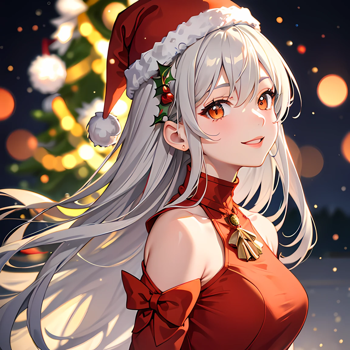 masterpiece, best quality, 1 girl, gray hair, orange eyes, red dress, depth of field, bokeh, xmas tree in background, close-up, smile, santa hat, from side