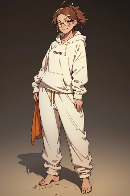 A cute happy barefoot woman with messy hair and glasses, facial freckles, toenail polish, , standing, wearing an oversized hodie and sweatpants