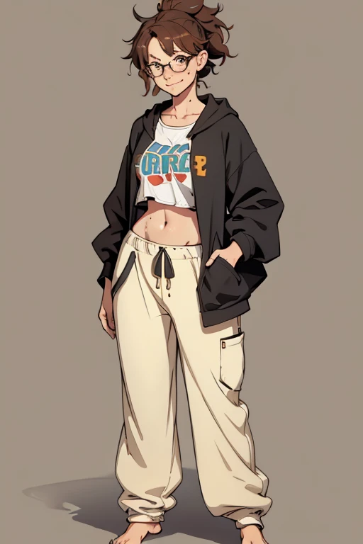 1 girl, short, mullet, white hair, white eyelashes, purple eyes, Japanese, white skin, large breast, full body, fit body, black sports bra, white crop hoodie, grey sweat pants 