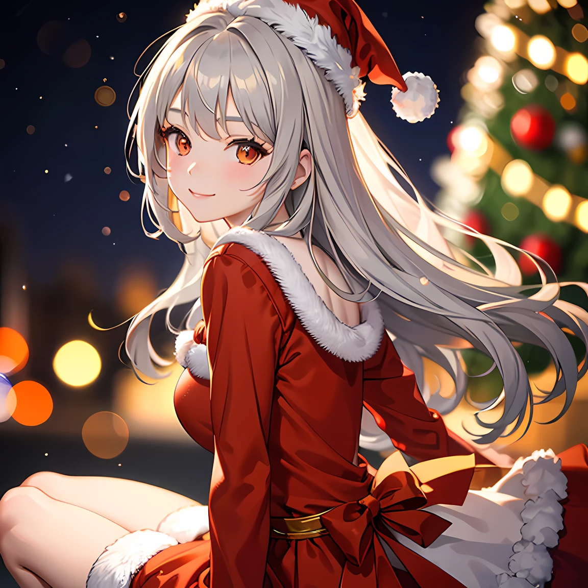 masterpiece, best quality, 1 girl, gray hair, orange eyes, red dress, depth of field, bokeh, xmas tree in background, close-up, smile, santa hat, from side