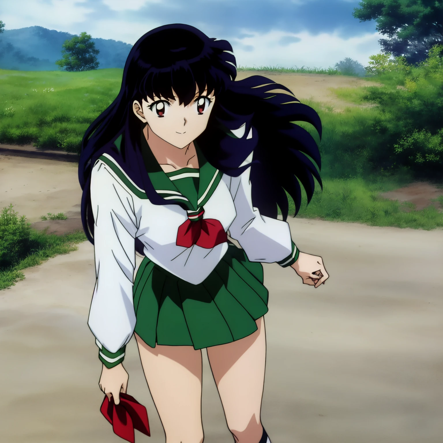 Best quality, masterpiece, HD, Kagome Higurashi, 1girl, school uniform, full body, young girl, full body , ((Anime)), ((colored)), breast, smile , thighs soft , red scarf , green skirt