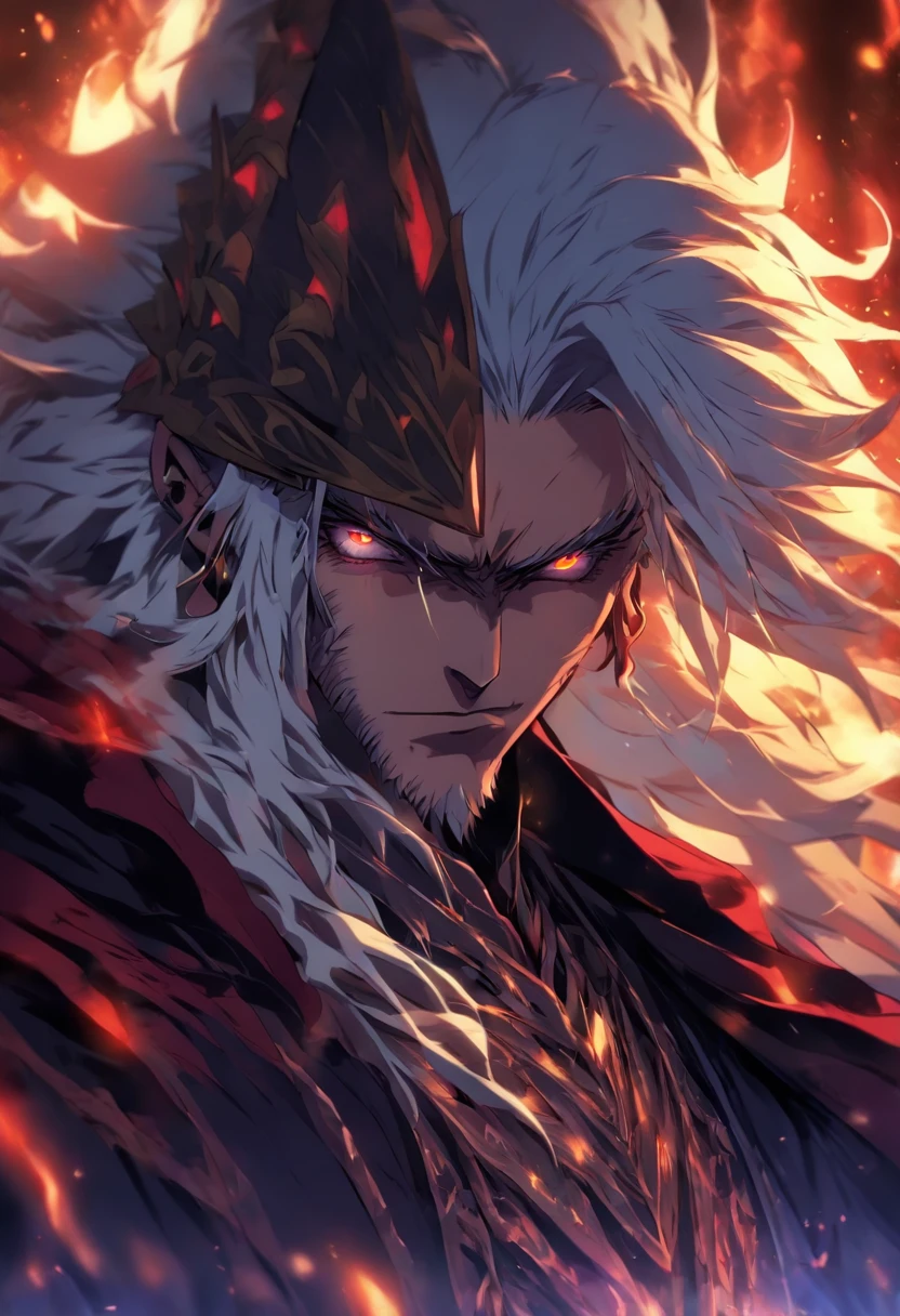 Male anime character with long white hair and red eyes, character album cover, full art, Fantasy characters, full art illustration, full portrait of elementalist, Figure art, Official character art, Official character illustrations, merlin, Highly detailed official artwork, Game keys, ounce, mobile game art, Mean face, Spiked Dark Armor, Walking posture, blue flame, dark castle in the background, Bent,with hair dishevelled,The undead,Vampires,Noble dress,Black shawl,pointy ears
