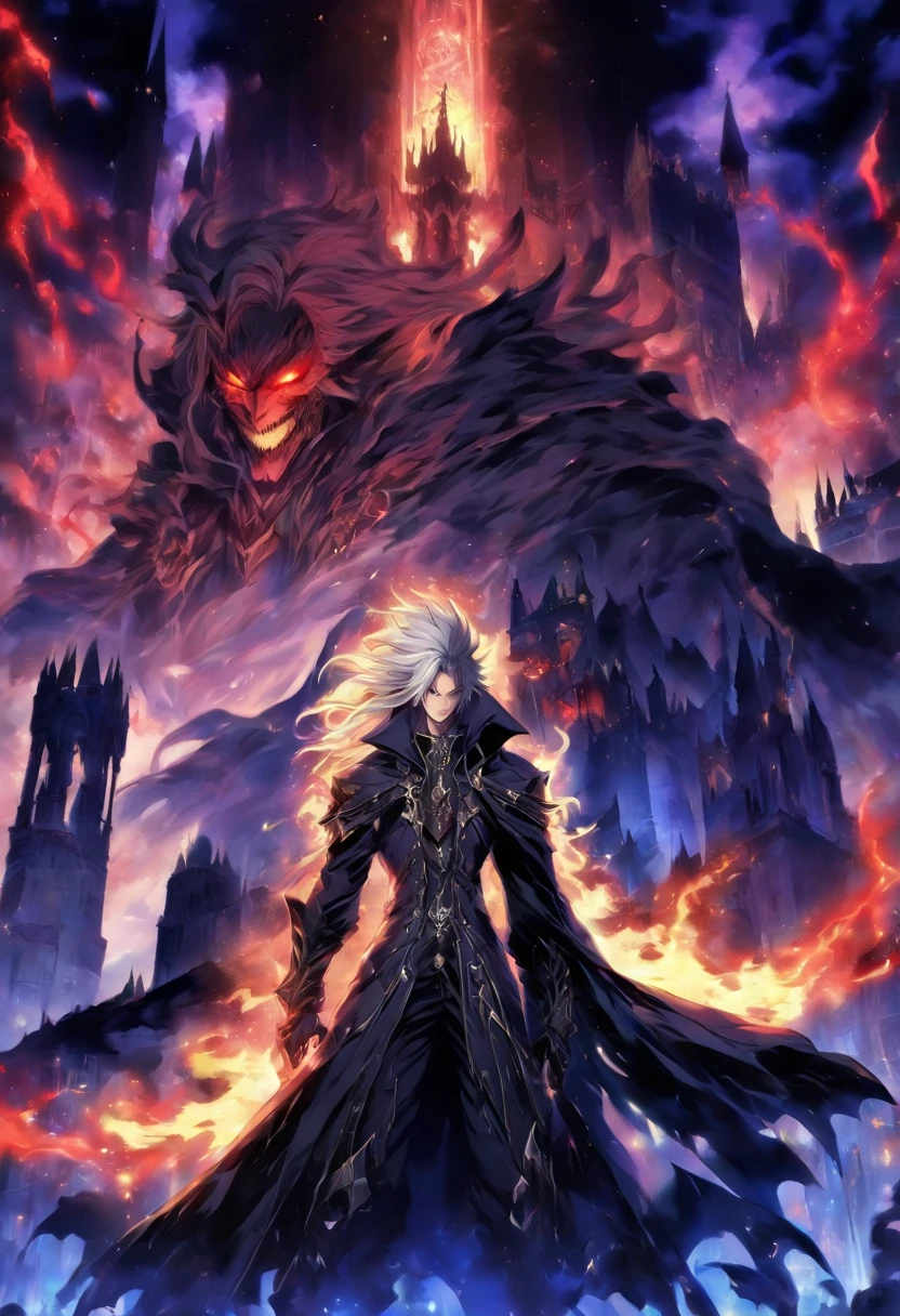Male anime character with long white hair and red eyes, character album cover, full art, Fantasy characters, full art illustration, full portrait of elementalist, Figure art, Official character art, Official character illustrations, merlin, Highly detailed official artwork, Game keys, ounce, mobile game art, Mean face, Spiked Dark Armor, Walking posture, blue flame, dark castle in the background, Bent,with hair dishevelled,The undead,Vampires,Noble dress,Black shawl,pointy ears