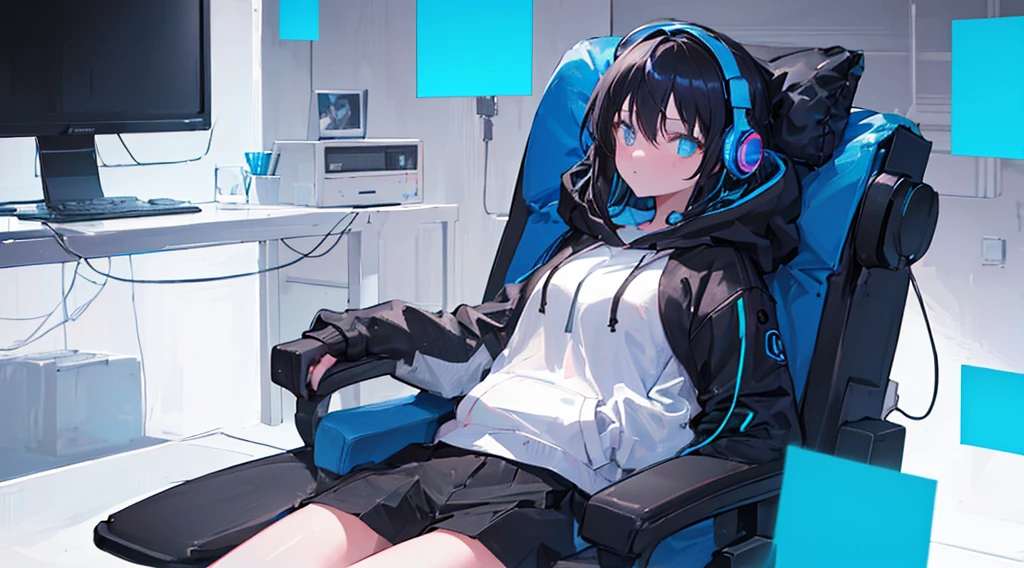 (1girl, black hair, long hair, headphones, hoodie, leaning back in the chair and looking up at the ceiling), (dark room, blue monitor light, blue neon)