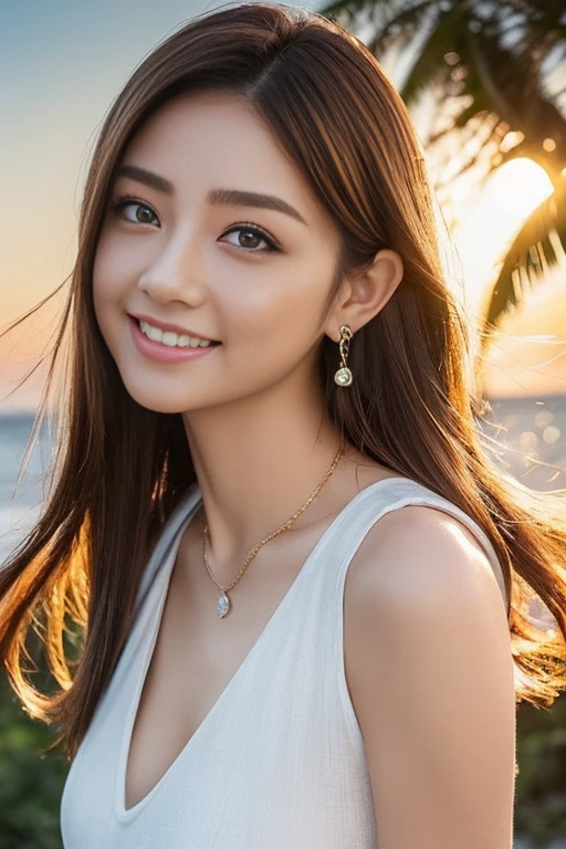 (top-quality:1.1)、(Photorealsitic:1.1)、(a picture:1.1)、(ighly detailed:1.1)、viewer、armlet、Jade Bracelet、Jade Earrings、Eye lashes、Toothless smile、a beautiful detailed girl、(extremely detailed eye and face)、(lighting on the face)、jade necklace、School uniforms for summer、(独奏:1.5)、(shores、Palm trees)、(Skin glowing in the light of the setting sun)、see -through、Light brown eyes、(((Hair fluttering in strong winds)))、((Anatomically perfectly balanced style))、Cute poses、sexypose、Blue big eyes、Full body like、red brown hair