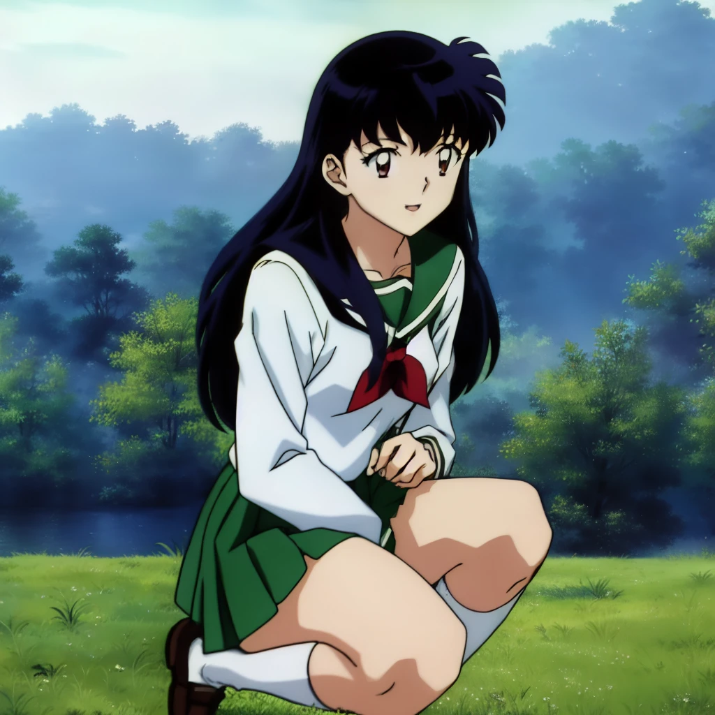 Best quality, masterpiece, HD, Kagome Higurashi, 1girl, school uniform, full body, young girl, full body , ((Anime)), ((colored)), breast, smile , thighs soft , red scarf , green skirt