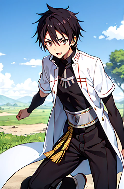 sakaguchihinata\(ttigraas\),1boy,solo,white church_uniform\(sakaguchihinata\),fighting,beautiful background,upper body,smile,casting magic,Middle-parted black hair,best quality,ultra detail