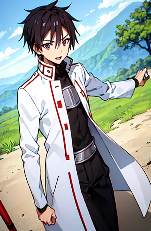 sakaguchihinata\(ttigraas\),1boy,solo,white church_uniform\(sakaguchihinata\),fighting,beautiful background,upper body,smile,casting magic,Middle-parted black hair,best quality,ultra detail