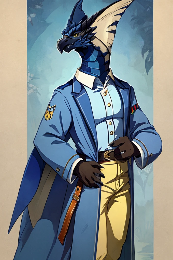A Legiana as a German official posing for a portrait, white-blue uniform, clawed fingers, 4 fingers, 1900s photograph, long coat, open coat, blue outlining, padded fingers, golden-blue belt, tail, yellow eyes,
