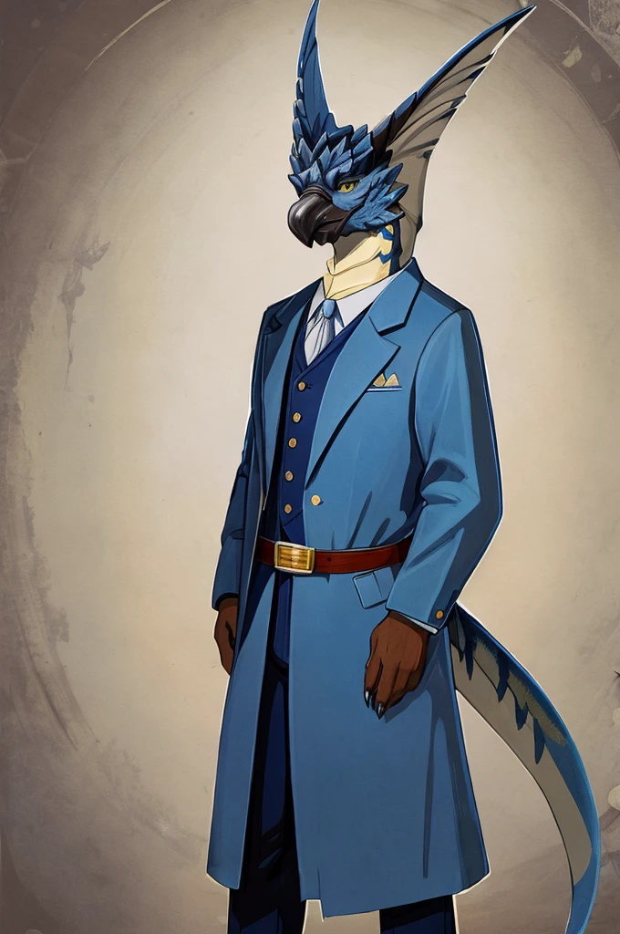 A Legiana as a German official posing for a portrait, white-blue uniform, clawed fingers, 4 fingers, 1900s photograph, long coat, open coat, blue outlining, padded fingers, golden-blue belt, tail, yellow eyes,