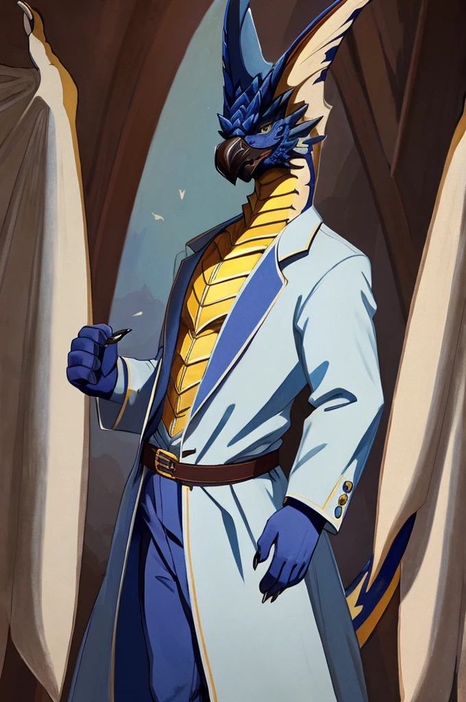 A Legiana as a German official posing for a portrait, white-blue uniform, clawed fingers, 4 fingers, 1900s photograph, long coat, open coat, blue outlining, padded fingers, golden-blue belt, tail, yellow eyes,