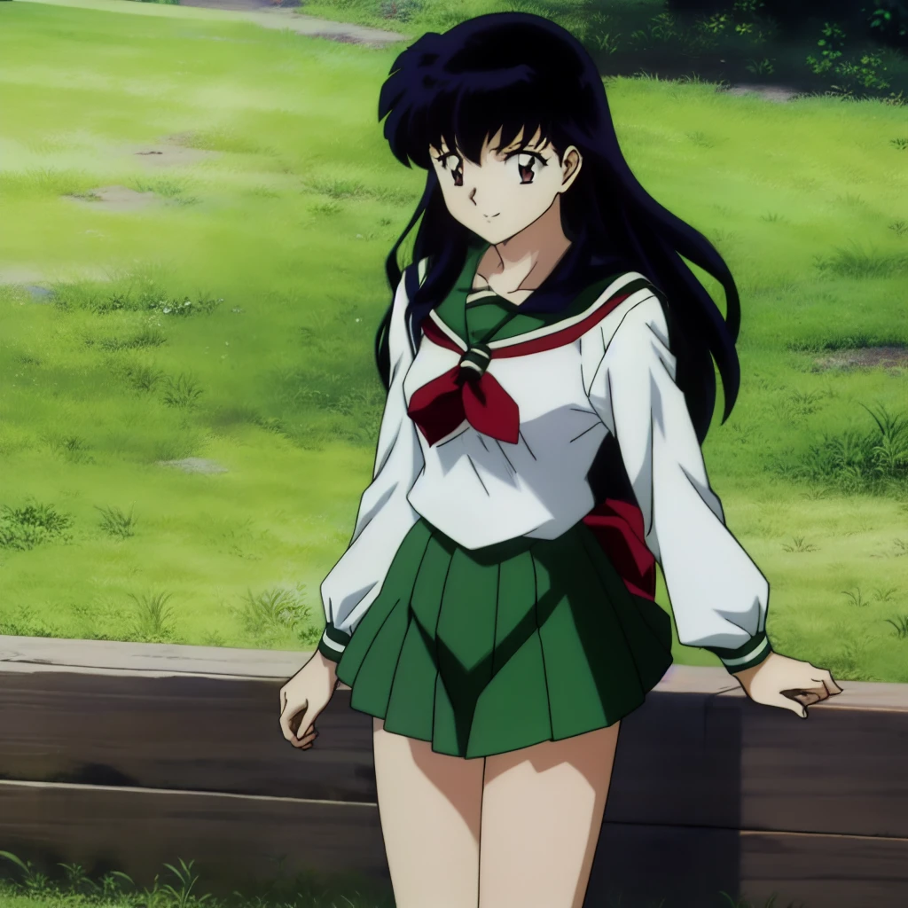Best quality, masterpiece, HD, Kagome Higurashi, 1girl, school uniform, full body, young girl, full body , ((Anime)), ((colored)), breast, smile , thighs soft , red scarf , green skirt