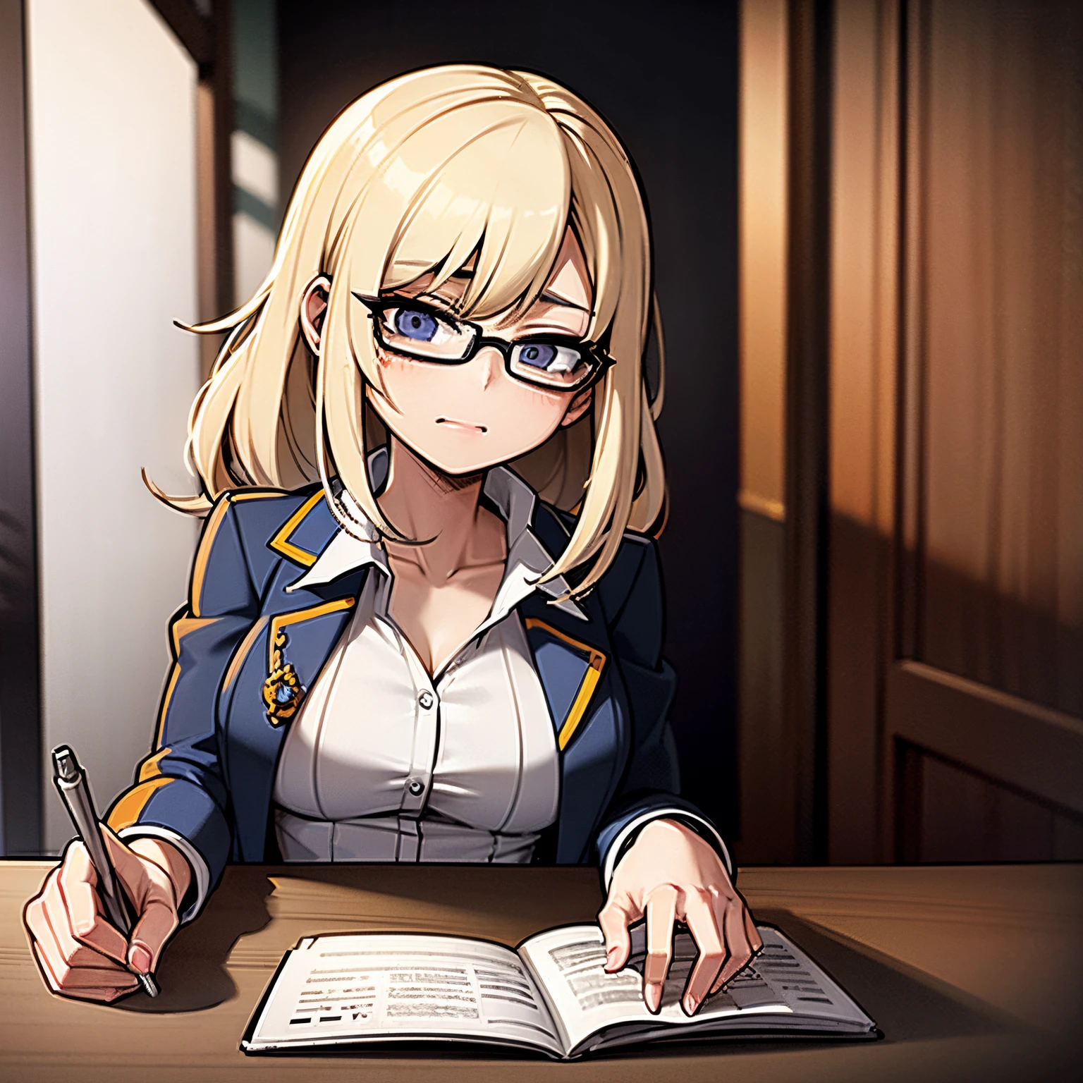**a woman with glasses poses sitting at the table, in the style of masamune shirow, thomas saliot, high definition, rinpa school, marat safin, blink-and-you-miss-it detail, oshare kei