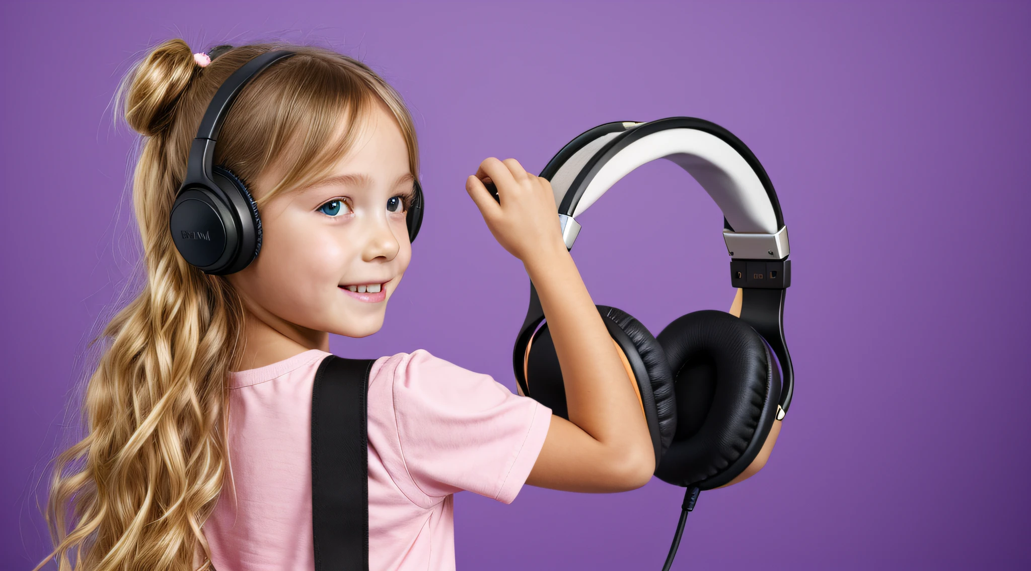 WALKMAN DE FOGO , CHILD GIRL BLONDE LONG HAIR, Headphone, fundo roxo,