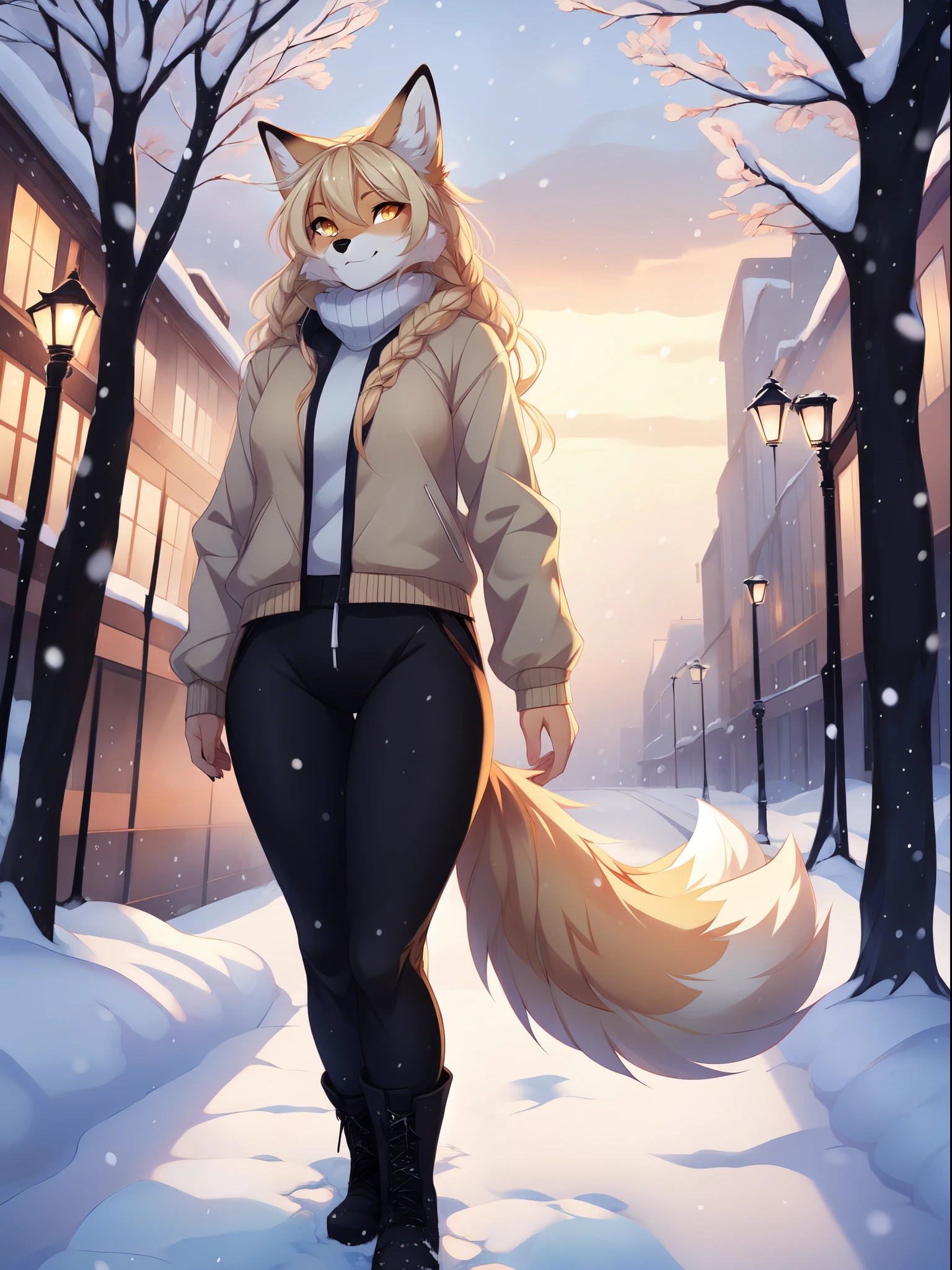 Solo, Kimiko, tan anthro furry fox girl, yellow eyes, long wavy blonde hair, fox ears, blonde fox tail, wearing fur trimmed jacket, black yoga pants, brown Ugg boots, hands in her pockets, looking up at the sky, looking up, Cloudy day, standing in a park, it is snowing, snow on the ground, heavy snow, looking content, by fumiko, by hioshiru