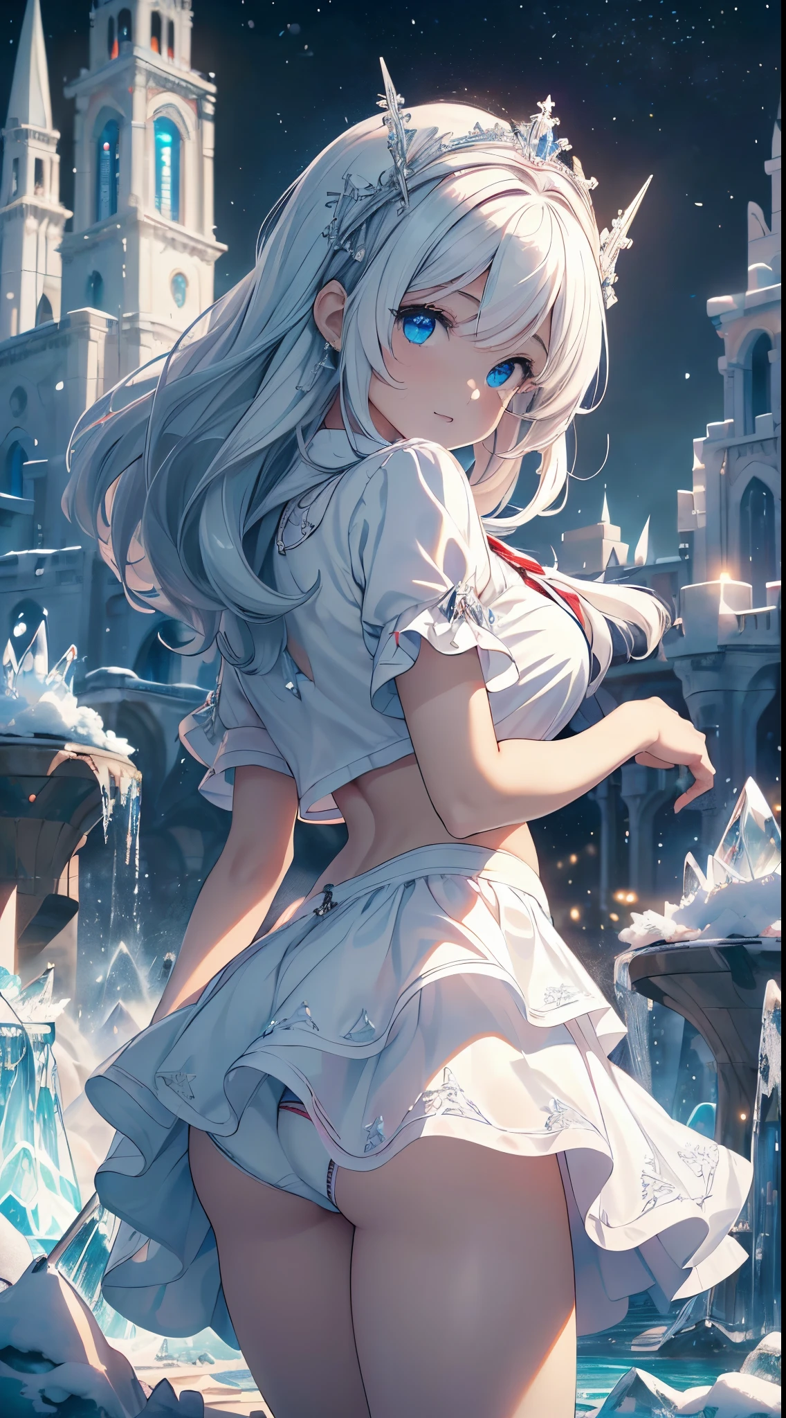 rear view, backside view,highest qualityr、Calidad de imagen superior、obra maestra、Adolescente Chica((white Santa Claus Costume、falda corta estilo santa、camiseta sin mangas estilo santa、Sixteen、adolescente ager、Mejor busto、Big Liber,Hermosos ojos azul claro、Pechos bien abiertos, una rubia、Un esbelto,Grandes valles、dyeing your cheeks red、leaning forward、Aliento blanco、Reflejando todo el cuerpo、Cruza los brazos、laugh、)),HiQuality、arte hermoso、Antecedentes con((ciudad de cristal en la noche、Copos de nieve cayendo、Caen fuertes nevadas、snowman、modelo de torre de hielo)))、Masutepiece、Profundidad de campos,,More detailed 8K.motor irreal:1.4,UHD,La mejor calidad:1.4, fotorrealista:1.4, textura de la piel:1.4, obra maestra:1.8,obra-prima, mejor calidad,objeto Objeto], (detailed face features:1.3),convexo，(Dedos de camello:1.2)，,((Las proporciones correctas)),(ojos hermosos，pupilas brillantes)，(manos detailed), ，（（（tmasterpiece），（muy detallado CG unificado 8k wallpaper），La mejor calidad en el mejor de los casos，cinematography lighting，Background detallado，(ojos hermosos，pupilas brillantes)，（muy delicado hermoso），（Descripciones de ojos hermosas y detalladas.），Ultra - detallado，tmasterpiece，）），((Disparo de vaquero)),(miniskirt white:1.4) ,pantimedias muslos,(mostrando panties White:1.4)