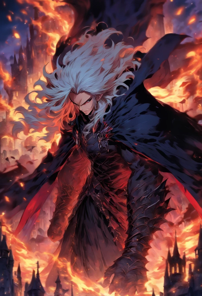 Anime male character with long white hair and red eyes, character album cover, full art, fantasy characters, full art illustration, full portrait of elementalist, character art, Official character art, Official character illustrations, merlin, Very detailed official artwork, Game buttons, ounce, mobile game art, Mean face, Spiked Dark Armor, Walking posture, blue flame, dark castle in the background, curving,with hair dishevelled,Immortal body,Vampires,Noble dress,Berserker,A black cloak that transforms into bat wings