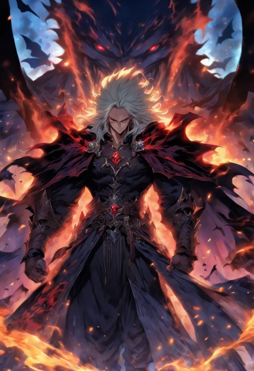 Anime male character with long white hair and red eyes, character album cover, full art, fantasy characters, full art illustration, full portrait of elementalist, character art, Official character art, Official character illustrations, merlin, Very detailed official artwork, Game buttons, ounce, mobile game art, Mean face, Spiked Dark Armor, Walking posture, blue flame, dark castle in the background, curving,with hair dishevelled,Immortal body,Vampires,Noble dress,Berserker,A black cloak that transforms into bat wings