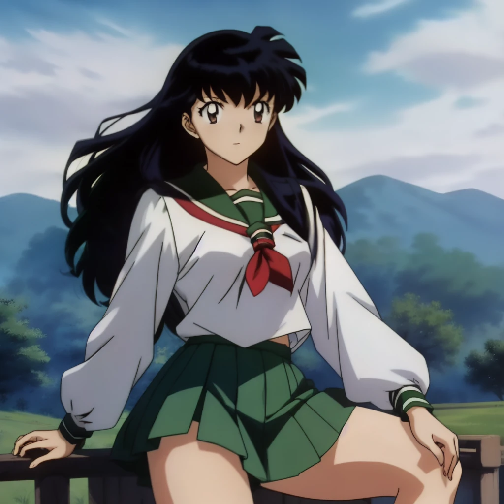 Best quality, masterpiece, HD, Kagome Higurashi, 1girl, school uniform, full body, young girl, full body , ((Anime)), ((colored)), breast, smile , thighs soft , red scarf , green skirt