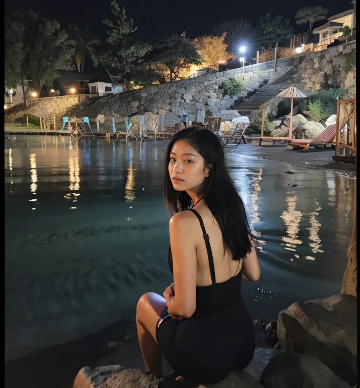 woman sitting on a rock in a black swimsuit, Jennie Kim, sitting on the beach at night, Jennie, in the nighttime, Jennie Kim, sentado ereto, Jennie, Photo taken at night Photo taken in 2 0 2 3, Jennie Kim •, on seashore, Cara de Jennie Kim do Blackpink, Standard Thin Asian Face, jennie kim kim jennie