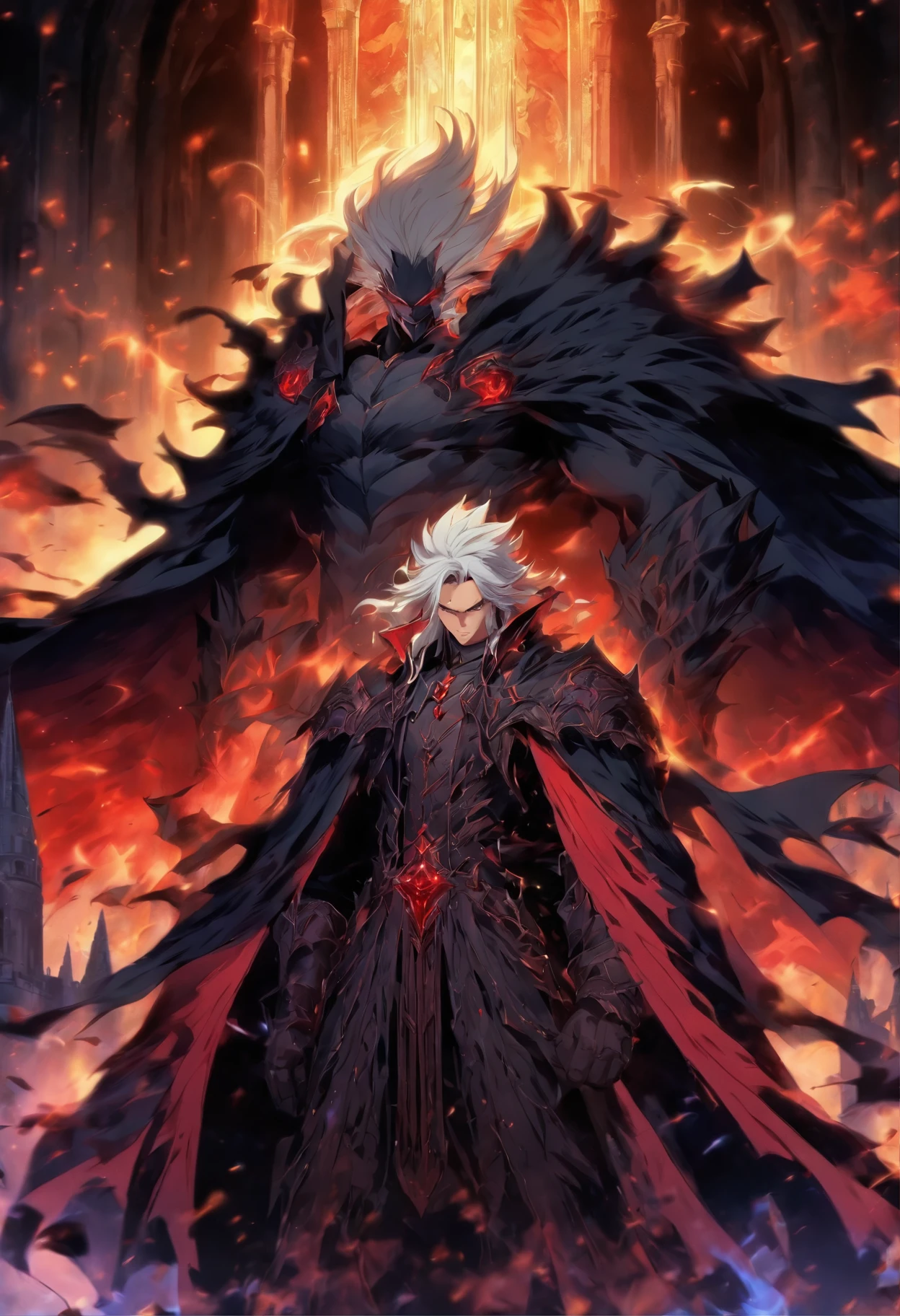 Anime male character with long white hair and red eyes, character album cover, full art, fantasy characters, full art illustration, full portrait of elementalist, character art, Official character art, Official character illustrations, merlin, Very detailed official artwork, Game buttons, ounce, mobile game art, Mean face, Spiked Dark Armor, Walking posture, blue flame, dark castle in the background, curving,with hair dishevelled,Immortal body,Vampires,Noble dress,Berserker,A black cloak that transforms into bat wings