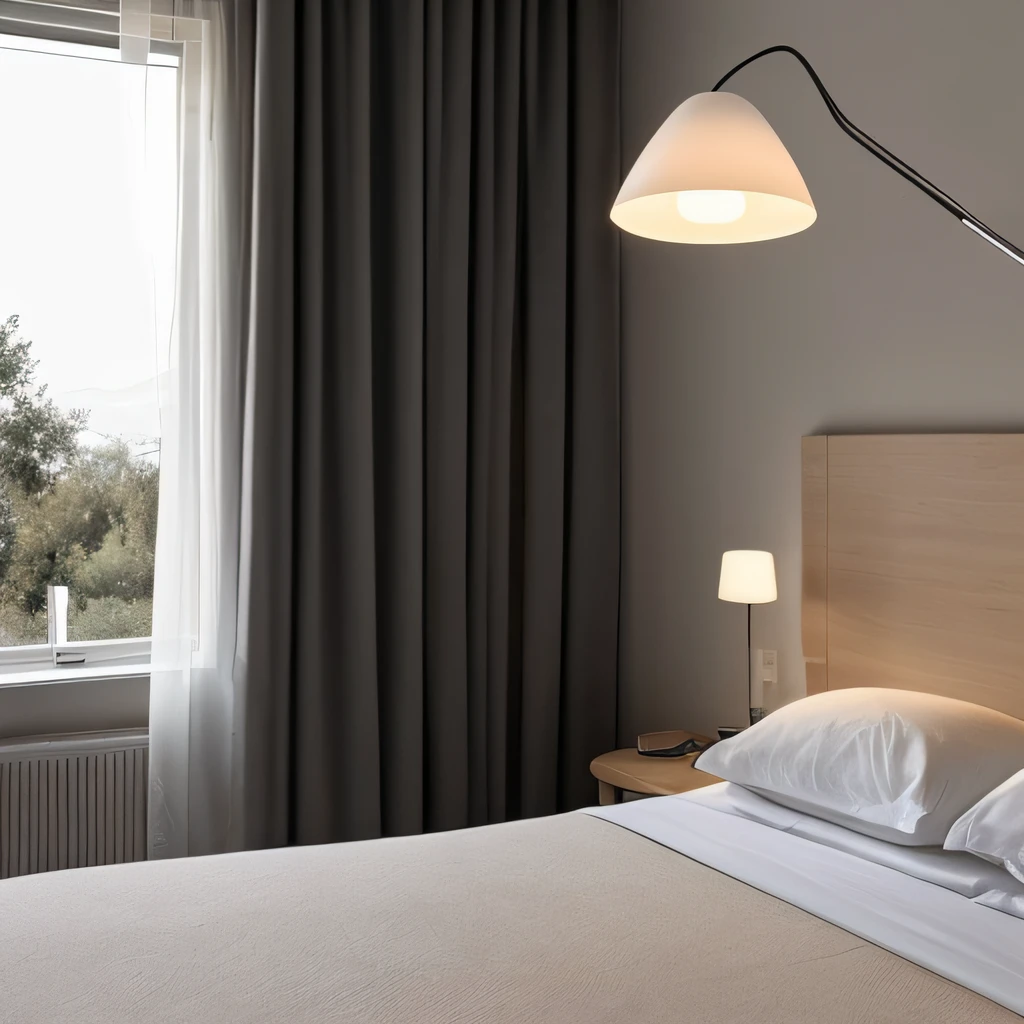 "Genera un'immagine super realistica di una camera singola d'hotel classicheggiante con pareti beige e bianche, includendo dettagli come mobili in legno scuro, un letto ben rifinito con lenzuola bianche, una lampada da comodino e una finestra con tende leggere che lasciano filtrare una luce soffusa."