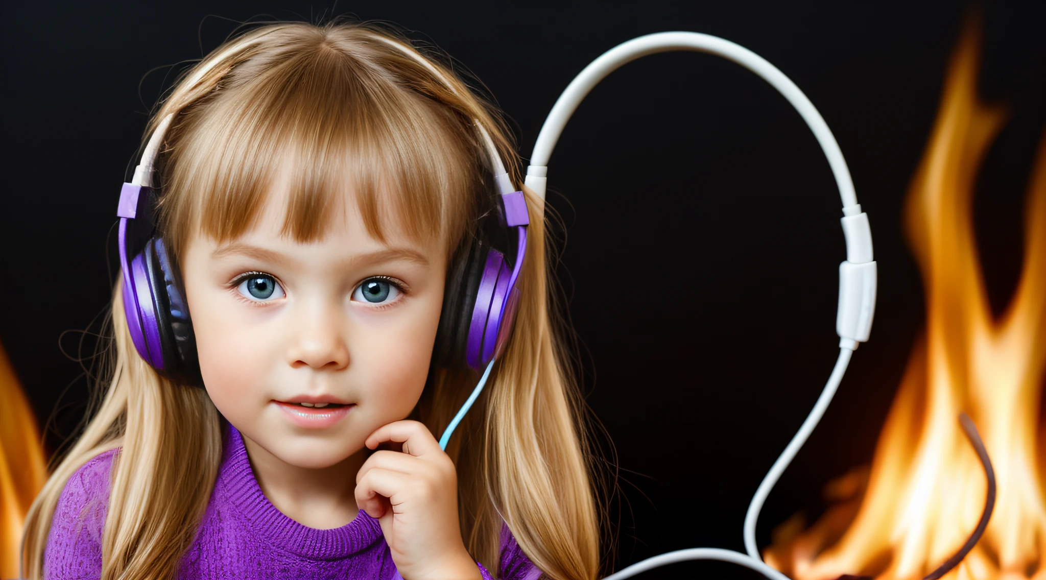 CHILD GIRL BLONDE LONG HAIR, Headphone, WALKMAN DE FOGO, fundo roxo,