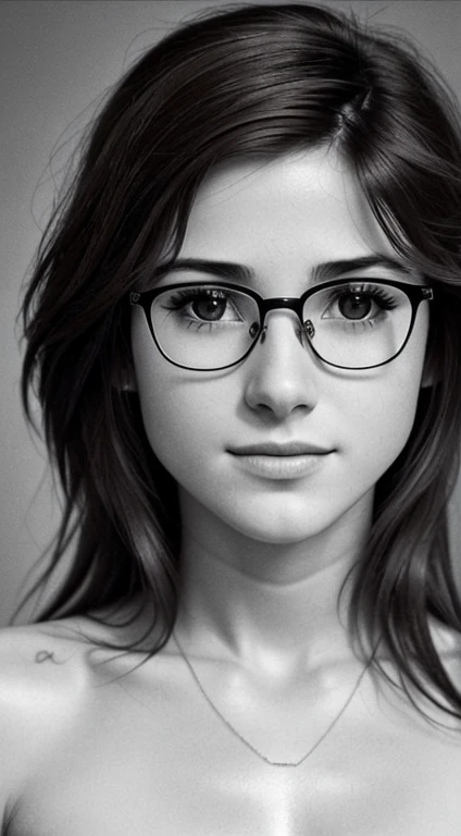 Realistic monochrome photography in 80s style......, tmasterpiece, Soviet erotica; Cute Russian brown eyed virgin 18 years old.........., unscrupulous, Shameless, no complexes, punk, Lesbian, naturist, exhibitionist, beautiful detailed round face, Large shiny realistic dark brown eyes, eyeglasses(There are lenses in the glasses, Realistic glare of light on the glass), beautiful proportional small wide nose, sweet cheerful smile, Parted sensual plump lips, plump cheeks, Round chin, suntanned skin, beautiful fullness, slightly wavy medium length brown hair with scarlet streaks (Rebellious 80s rocker hairstyle), Very small stature, with realistic very small breasts, aesthetic completeness, beautiful trained body, nice belly, small navel, hairy pubic, completely naked, completely naked, completely naked; (full - body, including legs), Seductive standing pose; among the deserted ruins of a destroyed settlement, desolation, detritus, mud, garbage, post-apocalypse many small environmental details, intricate detials, Sharp focus, natural lightin, high quality textures; Realistic texture of human skin (pores, Mimic folds, wrinkles), Monochrome image