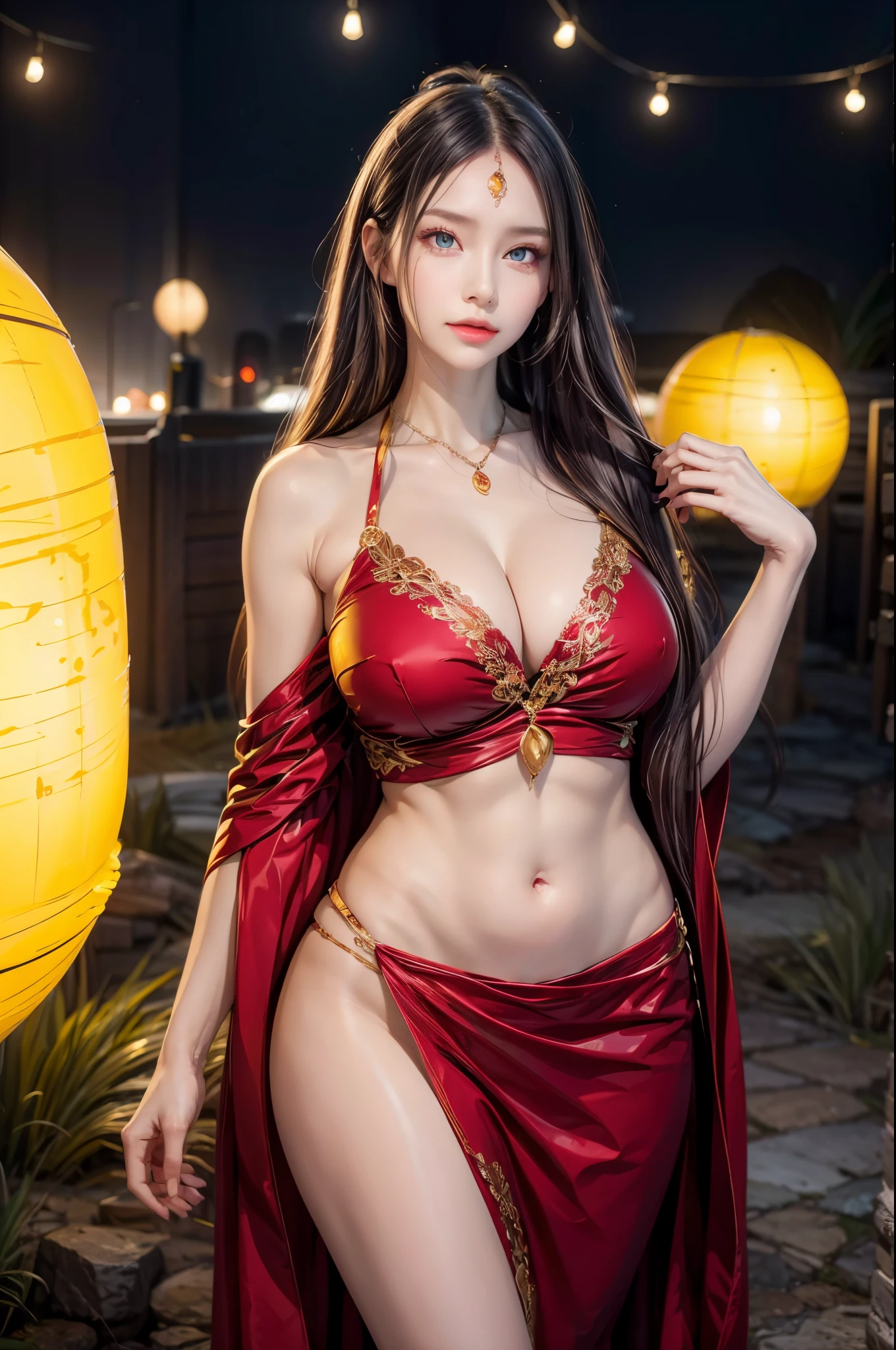 realistic, 1 women, best quality, 12k, HD, long hair, big round breasts, cleavage, ponytail, necklace, jewelry, shorts, short jacket, slim hips, hair tie, yellow eyes, black hair, super detailed, Eye details, hair details, person details, mouth details, face details, breast details, clothes details, hair details, pants details, hand details, whole body