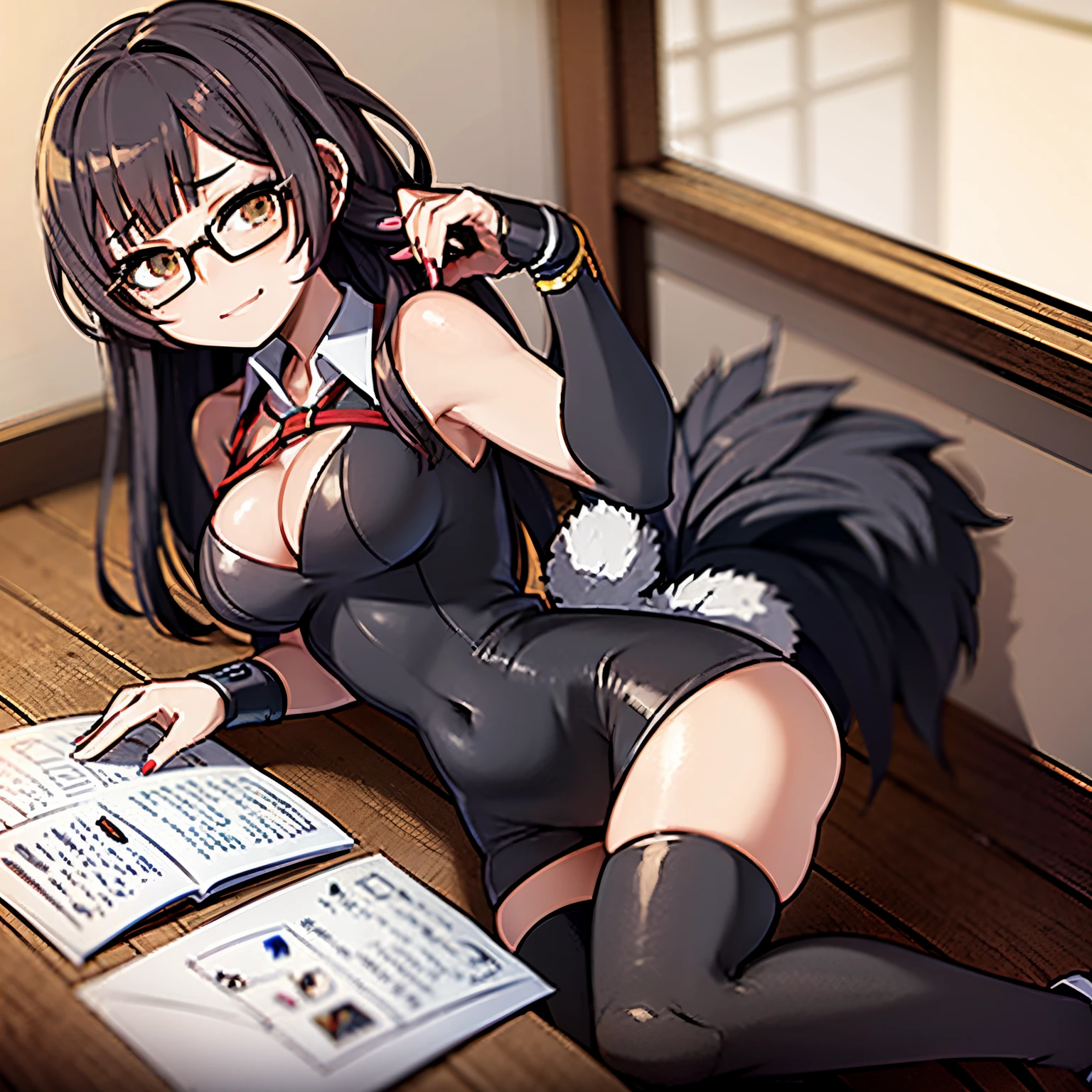 *a woman with glasses poses sitting at the table, in the style of masamune shirow, thomas saliot, high definition, rinpa school, marat safin, blink-and-you-miss-it detail, oshare kei