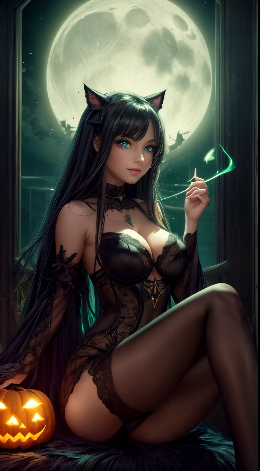 (a sorceress:1.1,moonlight,pumpkin:1.1,glowing eerie,spooky:1.1,atmospheric:1.1,golden hour,enchanting, dark, vibrant colors:1.1)
(best quality, 4k, highres, detailed:1.2), In this prompt, I'd like you to generate a high-quality image of a sorceress under the moonlight, with her pumpkin casting an eerie glow. The scene should evoke a spooky and atmospheric feeling. The lighting should capture the magical mood of the golden hour, creating an enchanting atmosphere. Please make sure to emphasize the dark and mysterious elements in the image. Use Emerald colors to enhance the visual impact and create a captivating and mesmerizing scene, a black cat sitting in front of her legs, ((green eyes)) clothes have translucent elements tight,lace in pinup pose a smile smiling:1.2 mysterios atmosphere