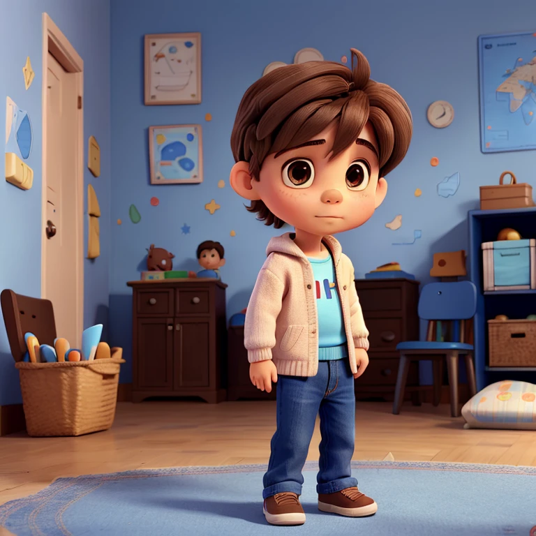 A little boy ,6 years old,brown hair,brown big eyes,wearing a blue sweater, blue jeans, white sneakers, he islooking at a magic crayon and a colored map in a box