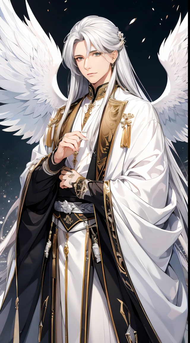tmasterpiece), (Best quality at best), (Complicated details), Profesional photogarpher, 4K, HighDynamicRange, 1人, 详细的脸, Fengshin, White robe, angelicales, Long white hair, silver sword, large wings,