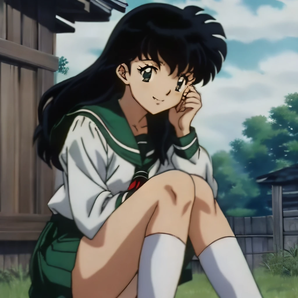 Best quality, masterpiece, HD, Kagome Higurashi, 1girl, school uniform, full body, young girl, full body , ((Anime)), ((colored)), breast, smile , thighs soft , red scarf , green skirt