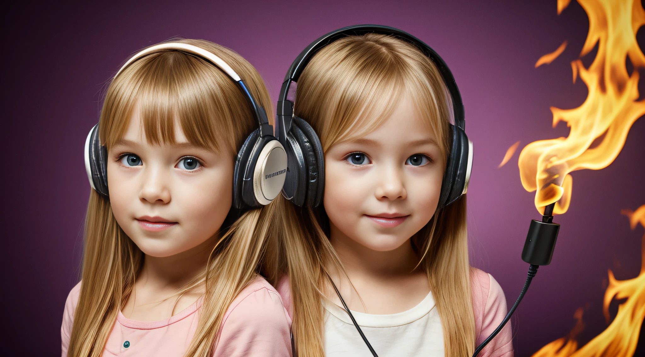 CHILD GIRL BLONDE LONG HAIR, Headphone, WALKMAN DE FOGO, fundo roxo,