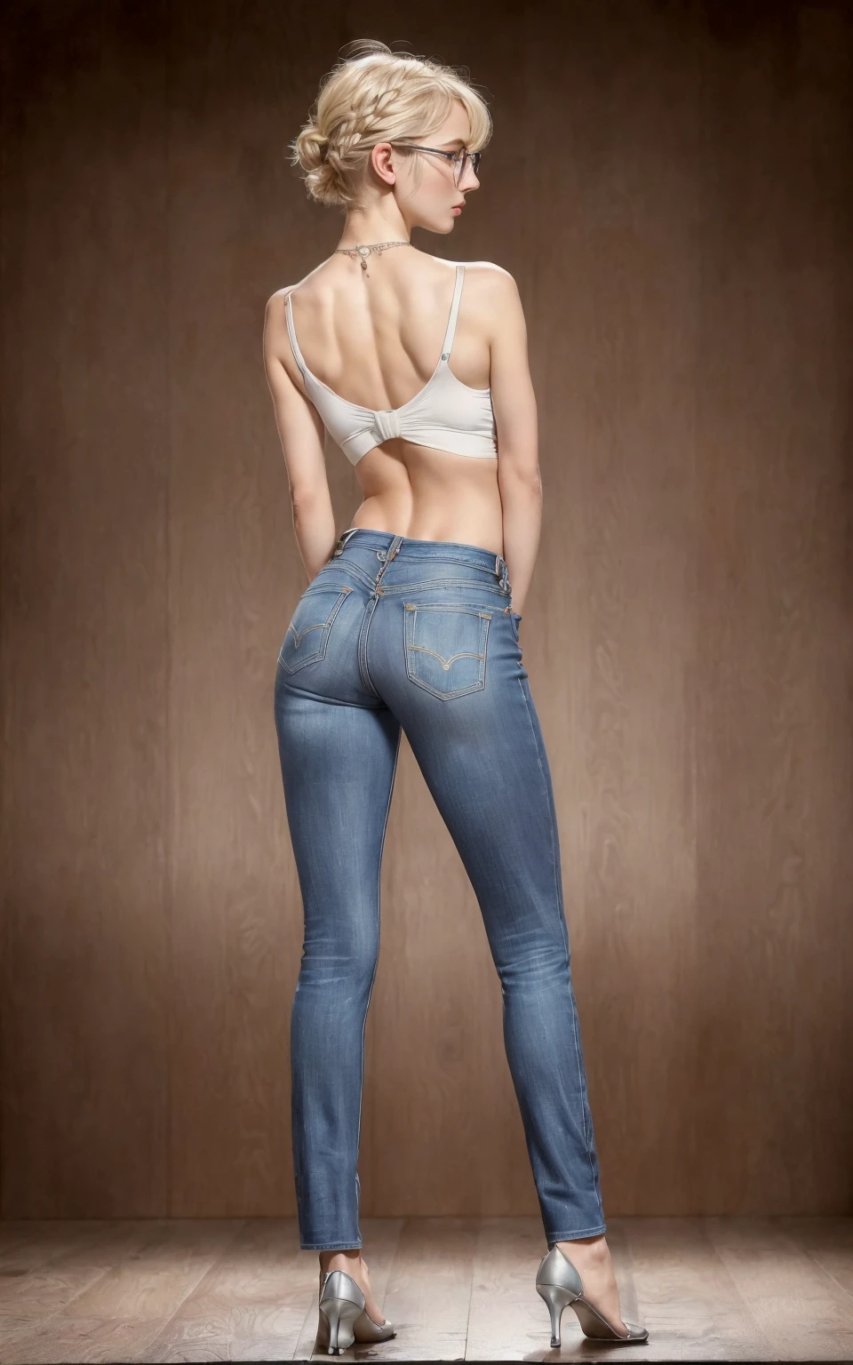 (8K, Masterpiece, RAW photo, ultra HD quality, detail:1.5), (scenary, natural background:1.4), Depth of field, Cinematic light, (ultra realistic face:1.5), ( 1 picture of 1 girl Ekaterina Ackerman:1.7), (solo girl:1.6), (Beautiful and elegant Russian girl), (skinny girl with glasses), (European face:1.3), (natural abs), (complete perfect full body:1.6), (full body including shoes:1.5), (tight minitop:1.5), ([red|gray] miniTop:1.4), (small necklace, collarbone:1.1), ([short hair]:1.5), (ultra detailed skin:1.4), (soft mate fabric:1.3), ([frontal pose|side profile pose|back profile pose]:1.5), (face looking at viewer:1.5), (perfect hands:1.5), (perfect feet:1.5), (perfect anatomy:1.6), (perfect body:1.6), (ultra perfect beautiful face:1.6), (blonde hair:1.4), ([Pixie|Bob|Bangs|Braids|Pigtails] hair:1.5), (perfect standing pose:1.5), ( paneled Jeans :1.6)