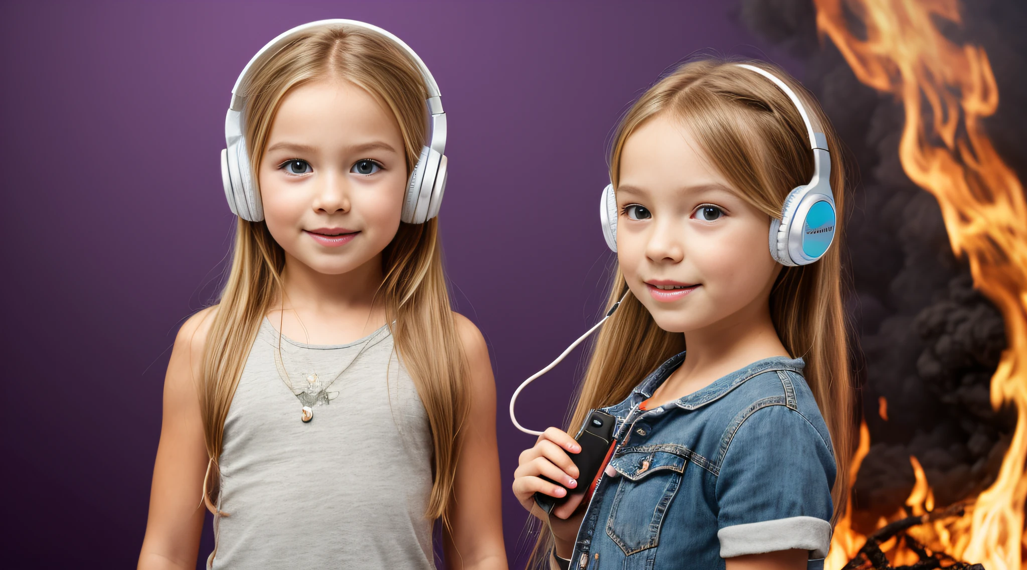 CHILD GIRL BLONDE LONG HAIR, Headphone, WALKMAN DE FOGO, fundo roxo,