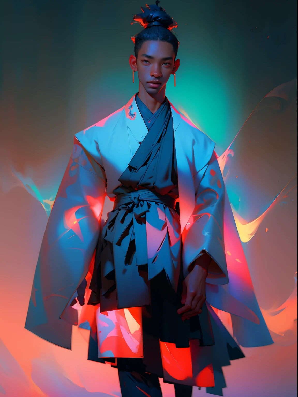 black man wearing Balenciaga clothes, abstract, reinterpretation of hanbok, korean traditional clothes, street photography, (upper body), oil paintings, ultra-high detailed, 8k, colorful background, fog, mist, long exposure, lens flare