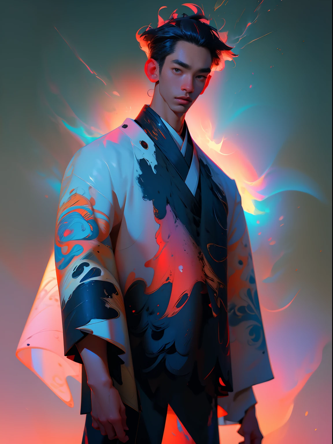 black man wearing Balenciaga clothes, abstract, reinterpretation of hanbok, korean traditional clothes, street photography, (upper body), oil paintings, ultra-high detailed, 8k, colorful background, fog, mist, long exposure, lens flare