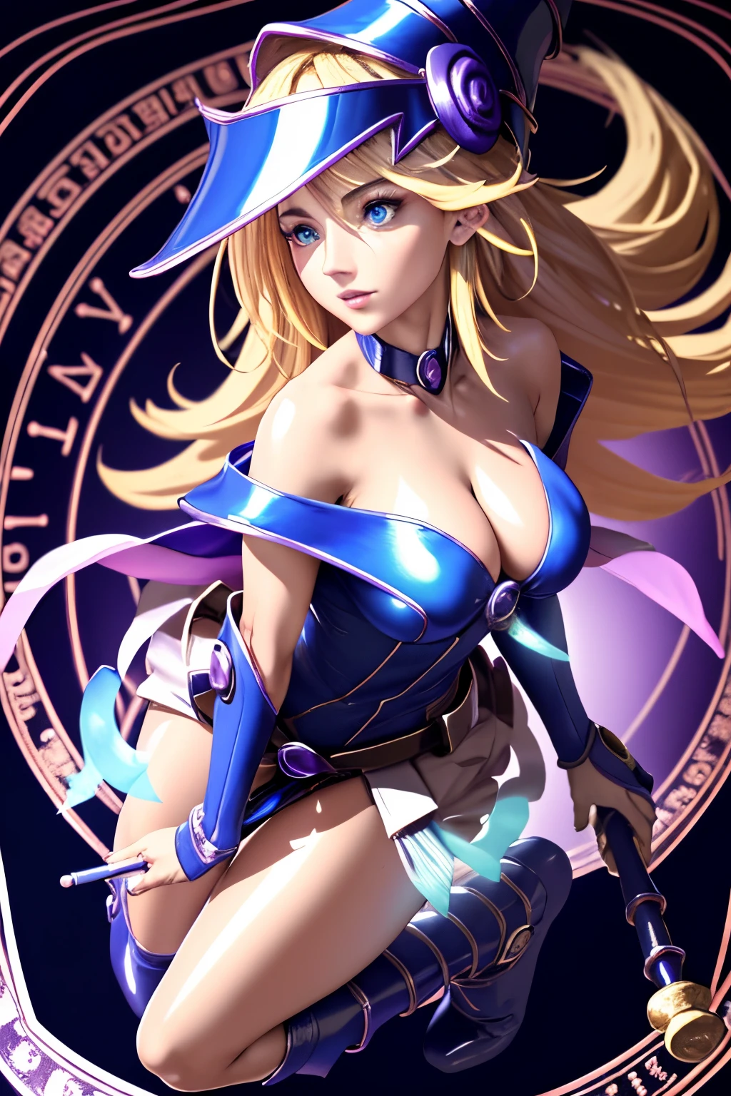 ultra-detailed, extremely detailed, masterpiece, highest quality, best quality, absurdres, highres, dark magician girl, (1girl:1.2), solo, detailed face, dynamic pose, hair flow, (full body:1.1), blonde hair, long hair, looking at viewer, green eyes, skindentation, detailed skin, skin pores, (shiny skin, glossy skin:1.1), rosy skin details, breasts, nail polish, skirt, blue footwear, blue headwear, wizard hat, wand, holding hat, (blue panties:0.9), (summoning circle:1.1), hexagram, pentacle, pentagram, yu-gi-oh!, duel monster, purple magic field, glow, detailed background, intricate background,