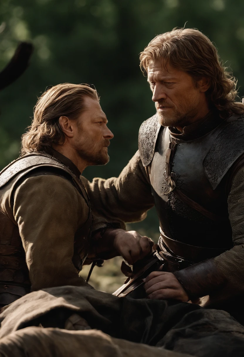 A photo of Ned carefully tending to a wounded soldier on the battlefield,Game of Thrones TV series,Ned is an older man with light brown hair streaked with grey, wears plain leather tunics, famously portrayed by Sean Bean, male