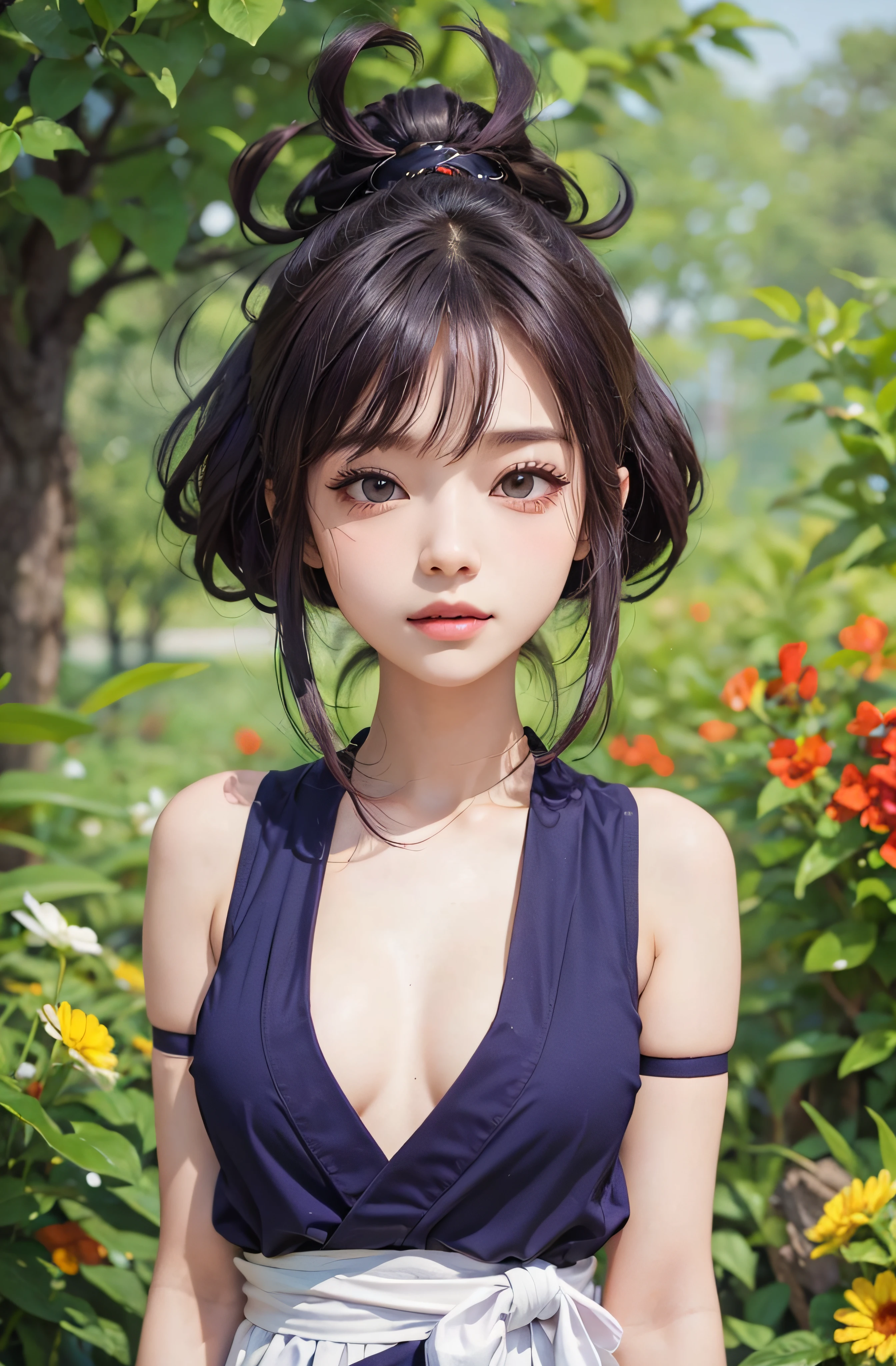 (best quality:1.1), (master part:1.2), retrato, 1girl, Yuzuriha_(Jigokuraku), cabelo roxo, olhos castanhos, Ninja, roupas abertas, clivagem, seios pequenos, Topknot, medium hair, breasts apart, Obi branco, Sorriso, ao ar livre, (corar:1.1), flor (NSFW 1.5)